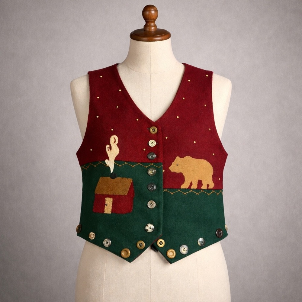 Vtg 90's Lucia Lukken‎ Folk Art Vest Womens Medium Wool Cabin Rustic Americana - Picture 8 of 8